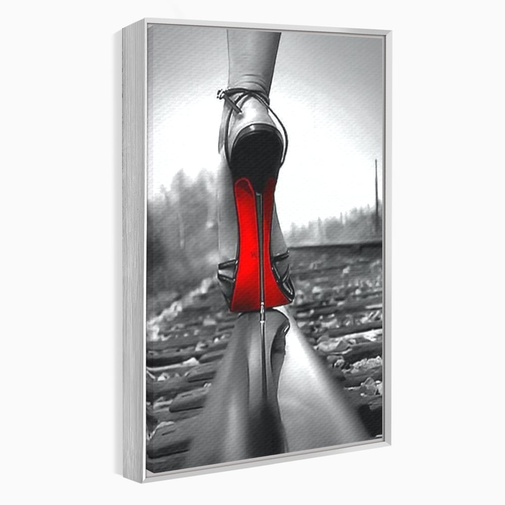 Tablou canvas cu tablou canvas cu pantof pe sina, in rama de aluminiu argintiu