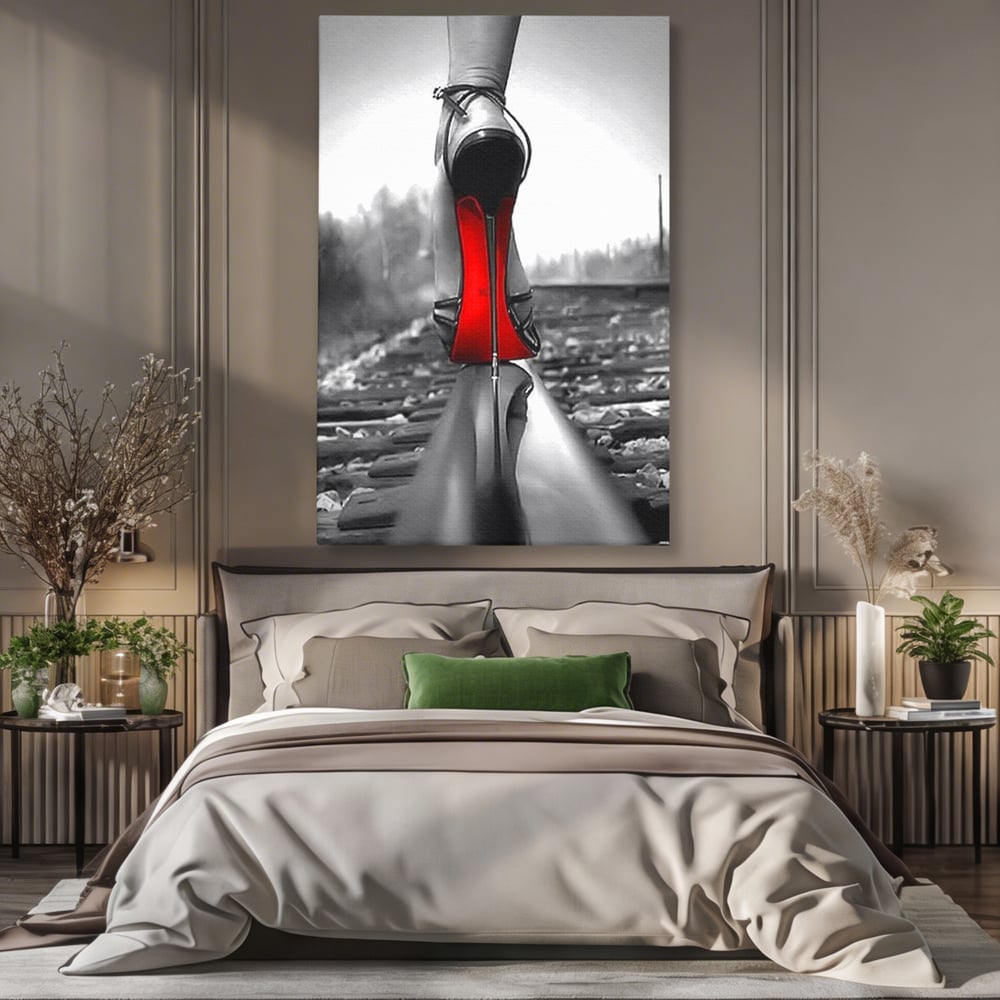 Tablou canvas cu tablou canvas cu pantof pe sina, fara rama, pe sasiu de lemn, pe perete intr-un dormitor