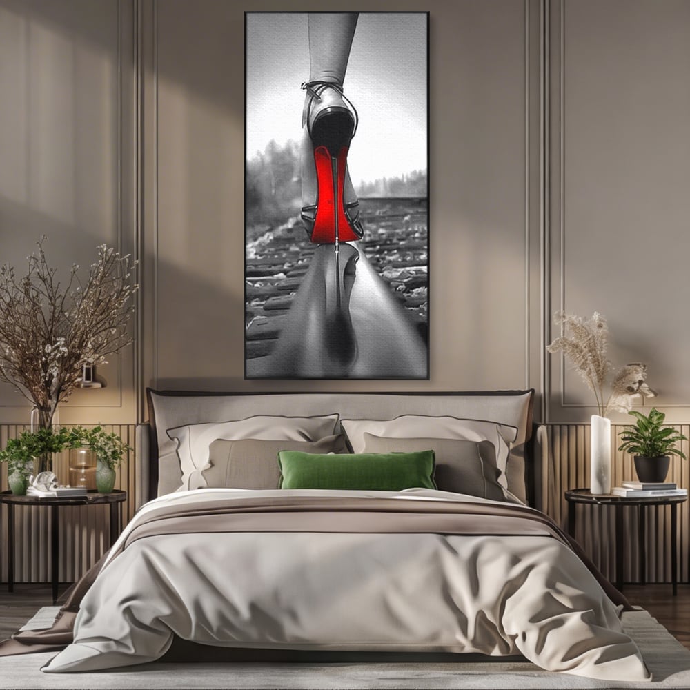 Tablou canvas cu tablou canvas cu pantof pe sina, in rama de aluminiu negru, pe perete intr-un dormitor
