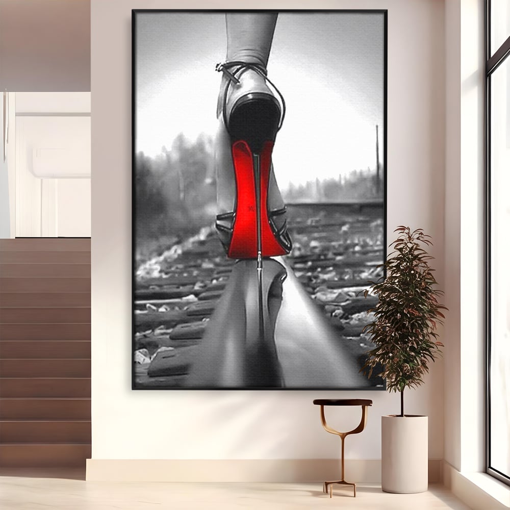 Tablou canvas cu tablou canvas cu pantof pe sina, in rama de aluminiu negru