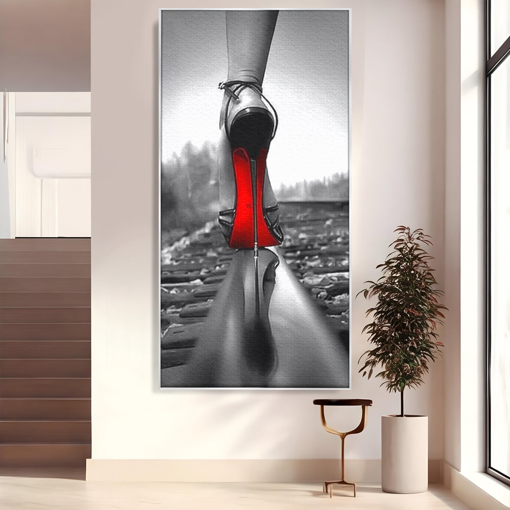 Tablou canvas cu tablou canvas cu pantof pe sina, in rama de aluminiu argintiu