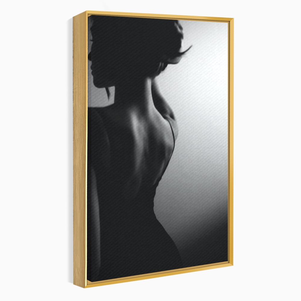 Tablou canvas cu tablou canvas cu silueta feminina monocroma, in rama de aluminiu auriu