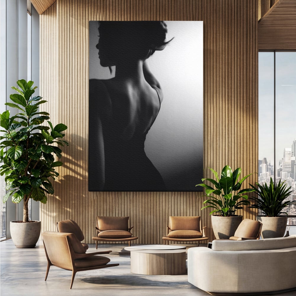 Tablou canvas cu tablou canvas cu silueta feminina monocroma, fara rama, pe sasiu de lemn, pe perete intr-un birou