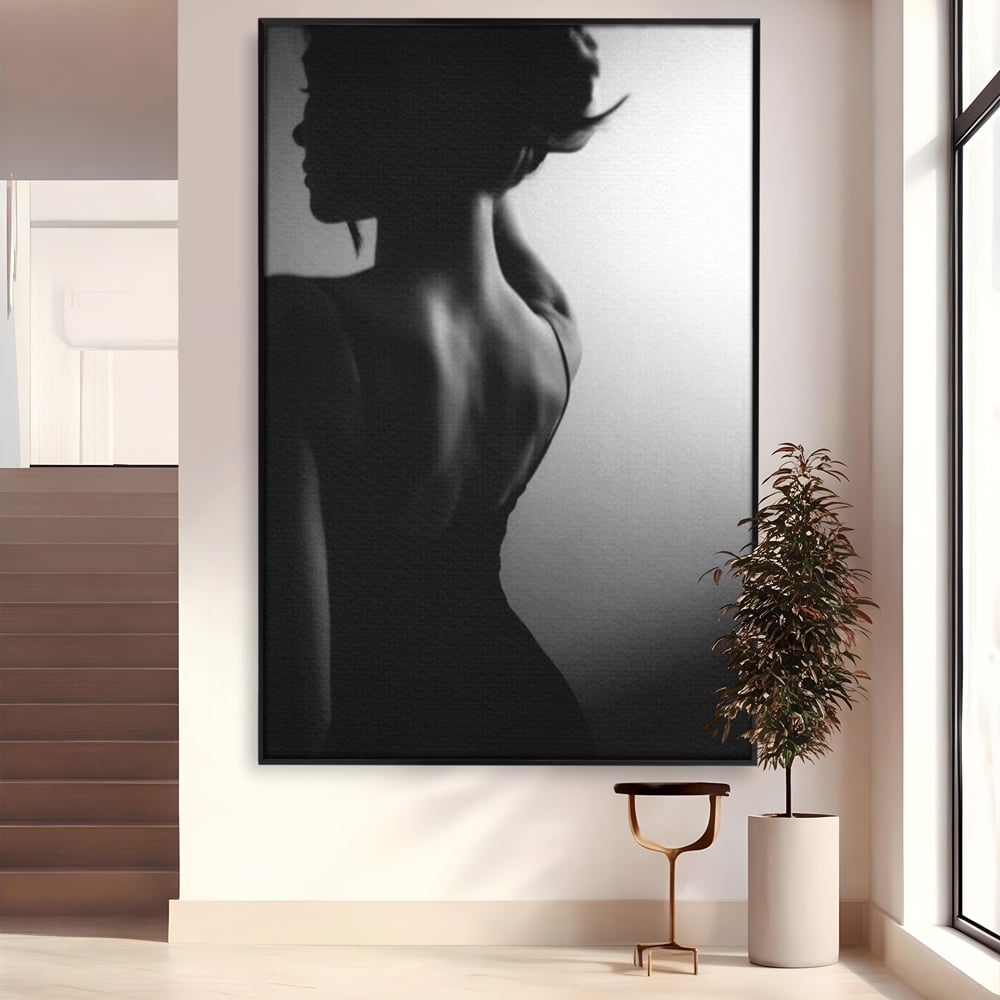 Tablou canvas cu tablou canvas cu silueta feminina monocroma, in rama de aluminiu negru