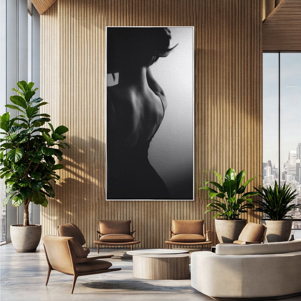 Tablou canvas cu tablou canvas cu silueta feminina monocroma, in rama de aluminiu argintiu, pe perete intr-un birou