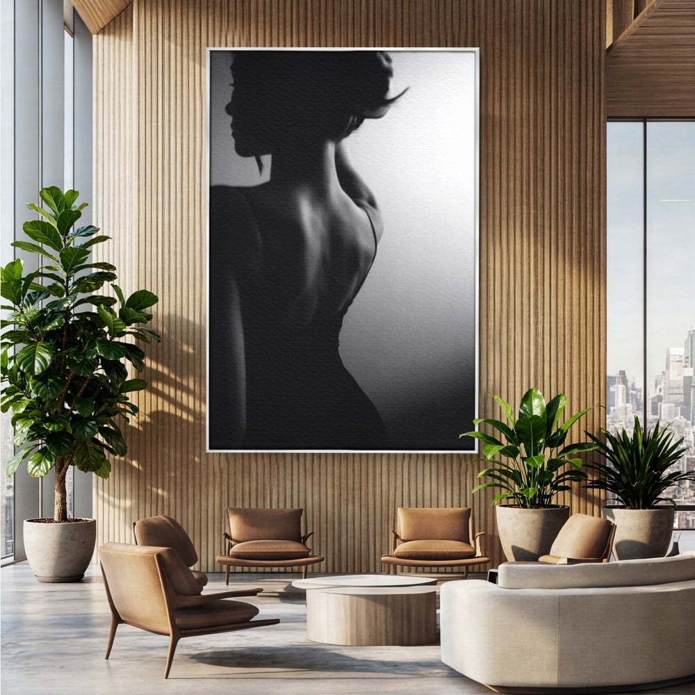 Tablou canvas cu tablou canvas cu silueta feminina monocroma, in rama de aluminiu argintiu, pe perete intr-un birou