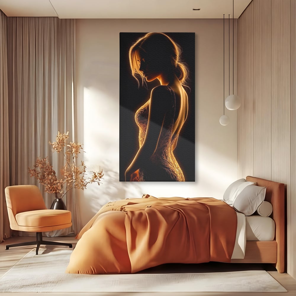 Tablou canvas cu tablou canvas cu silueta feminina, fara rama, pe sasiu de lemn, pe perete intr-un dormitor