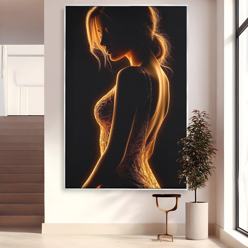 Tablou canvas cu tablou canvas cu silueta feminina, in rama de aluminiu argintiu