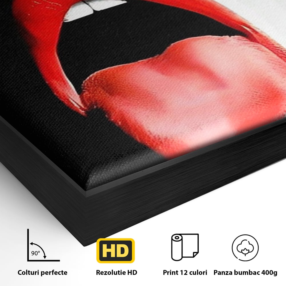 Detaliu al suprafetei: tablou canvas cu buze si limba rosie, in rama de aluminiu negru