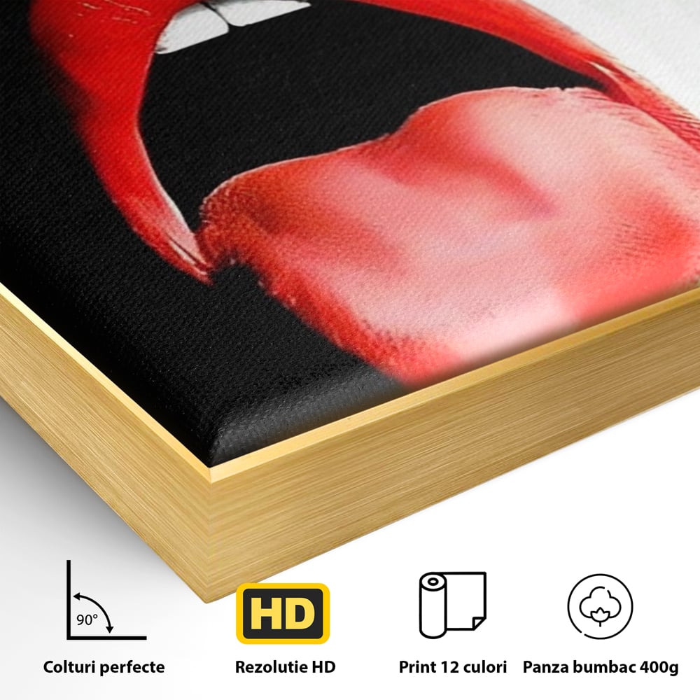 Detaliu al suprafetei: tablou canvas cu buze si limba rosie, in rama de aluminiu auriu