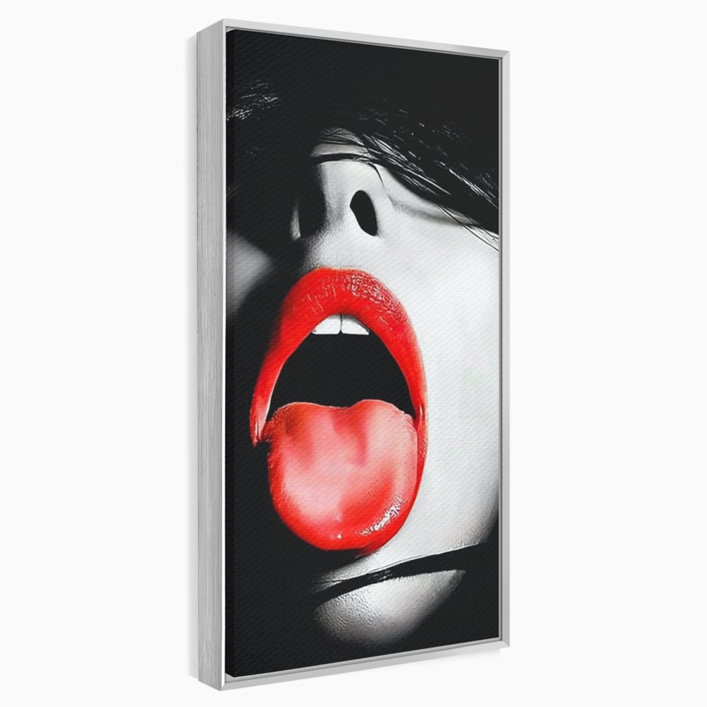 Tablou canvas cu tablou canvas cu buze si limba rosie, in rama de aluminiu argintiu