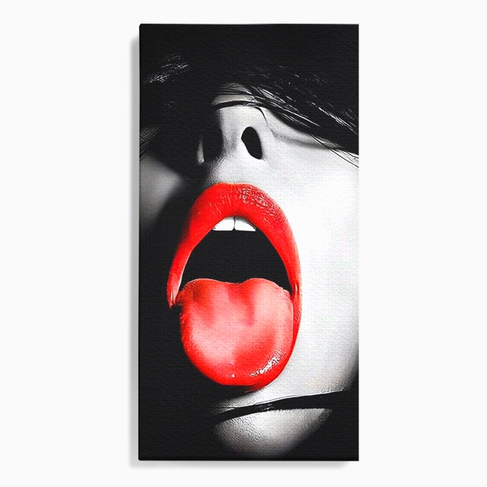 Tablou canvas cu tablou canvas cu buze si limba rosie, fara rama, pe sasiu de lemn