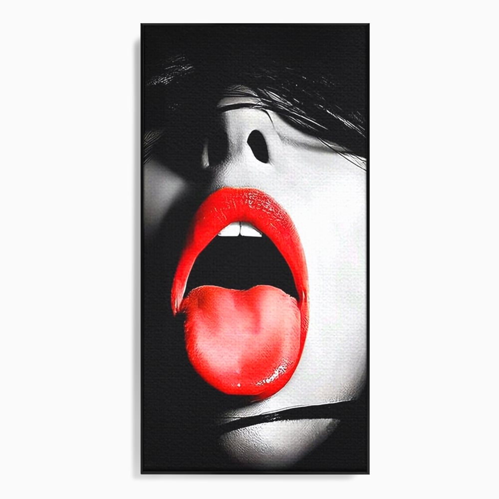 Tablou canvas cu tablou canvas cu buze si limba rosie, in rama de aluminiu negru