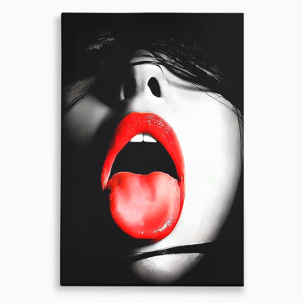 Tablou canvas cu tablou canvas cu buze si limba rosie, fara rama, pe sasiu de lemn