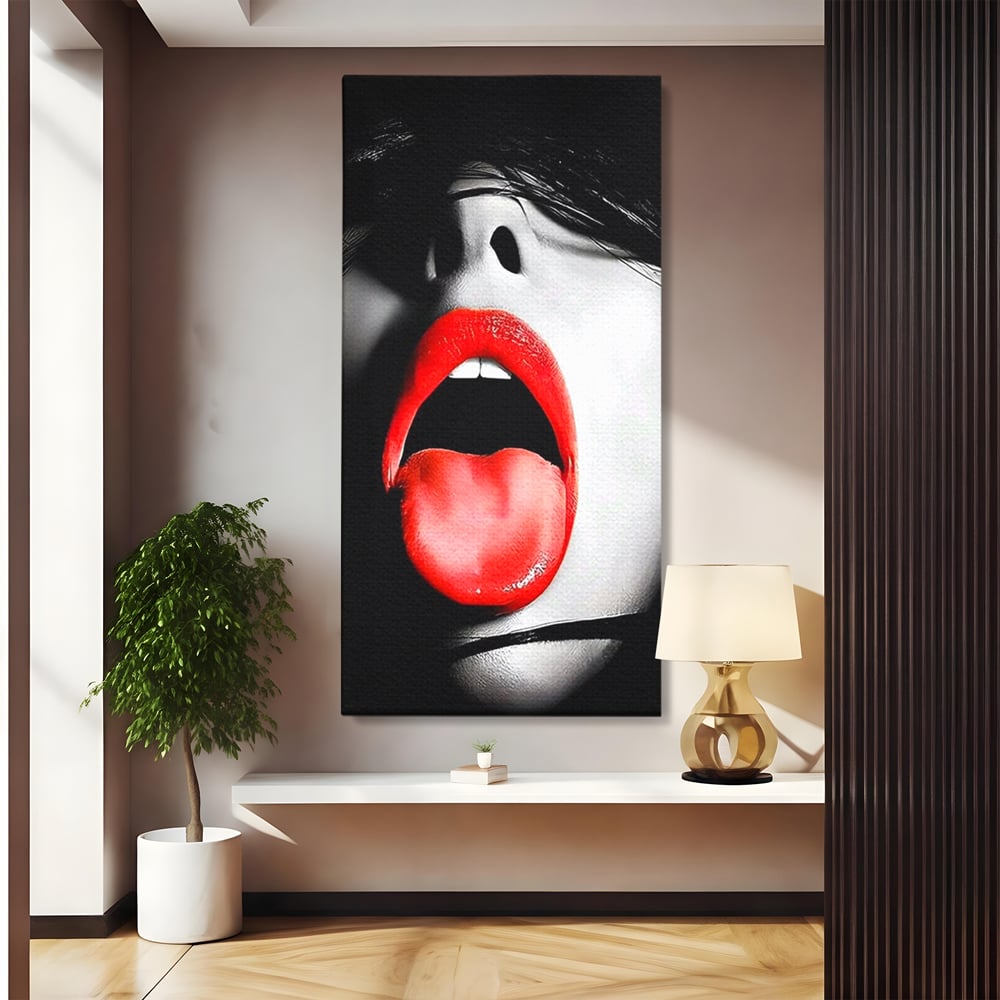 Tablou canvas cu tablou canvas cu buze si limba rosie, fara rama, pe sasiu de lemn