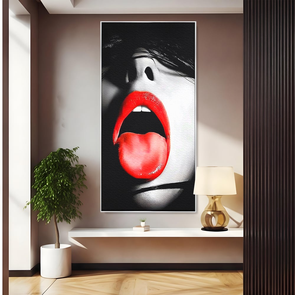 Tablou canvas cu tablou canvas cu buze si limba rosie, in rama de aluminiu argintiu