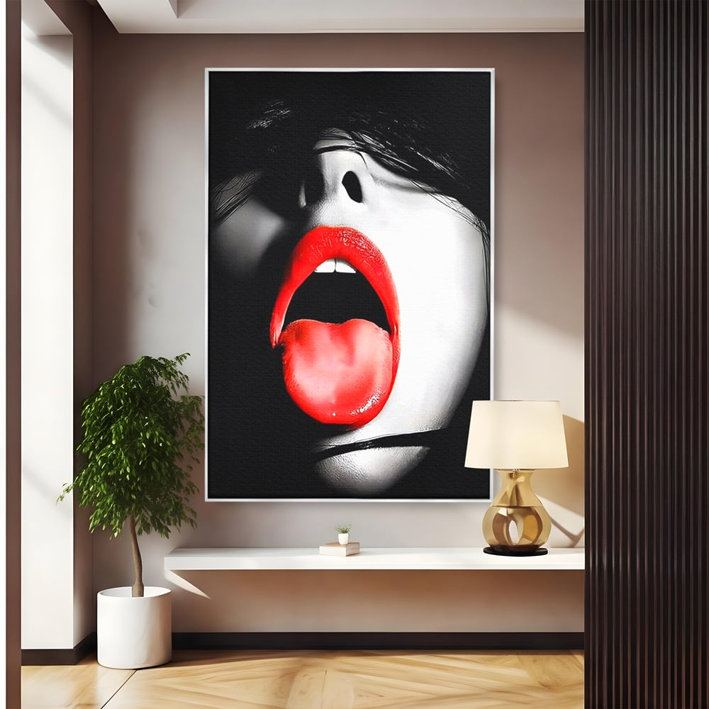 Tablou canvas cu tablou canvas cu buze si limba rosie, in rama de aluminiu argintiu