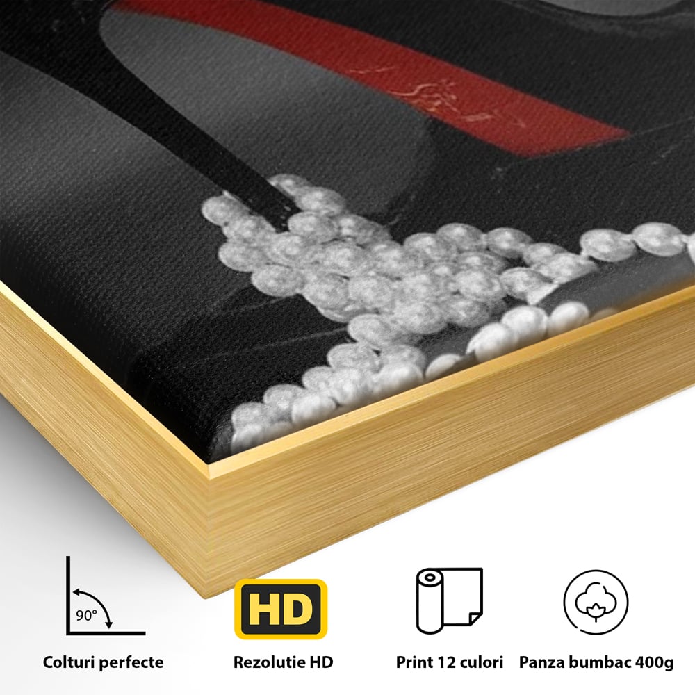 Detaliu al suprafetei: tablou canvas cu pantof si perle, in rama de aluminiu auriu