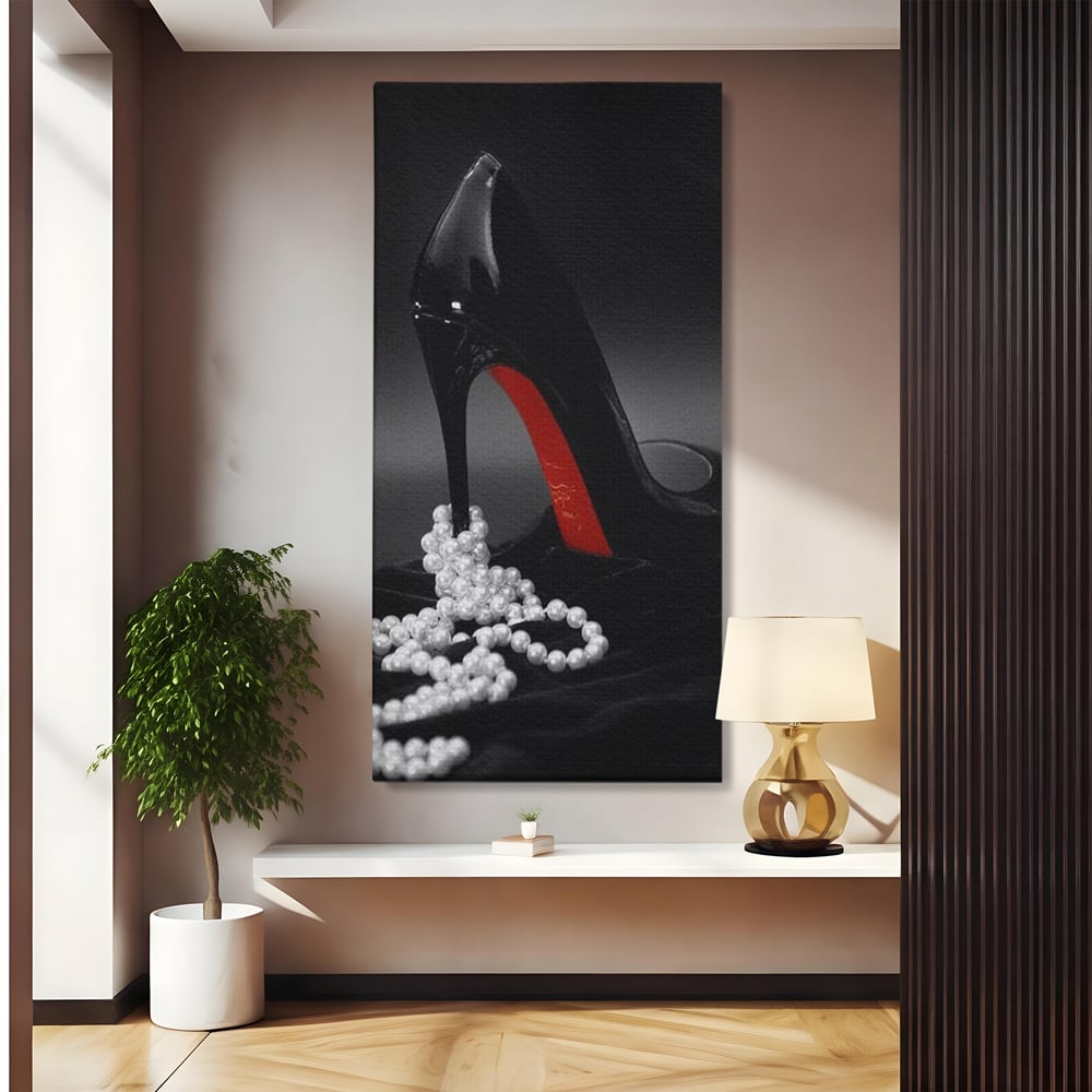 Tablou canvas cu tablou canvas cu pantof si perle, fara rama, pe sasiu de lemn