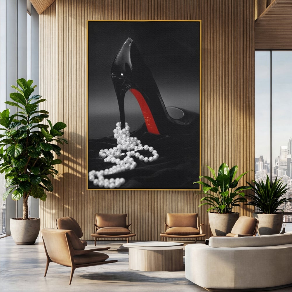 Tablou canvas cu tablou canvas cu pantof si perle, in rama de aluminiu auriu, pe perete intr-un birou