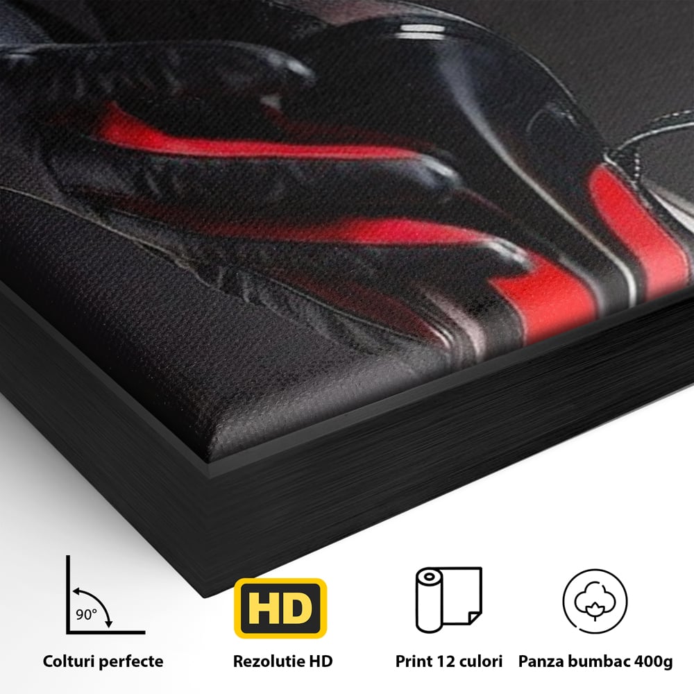 Detaliu al suprafetei: tablou canvas cu pantof rosu si picior, in rama de aluminiu negru