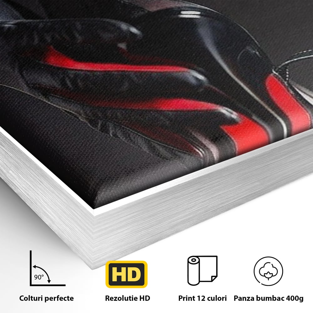 Detaliu al suprafetei: tablou canvas cu pantof rosu si picior, in rama de aluminiu argintiu