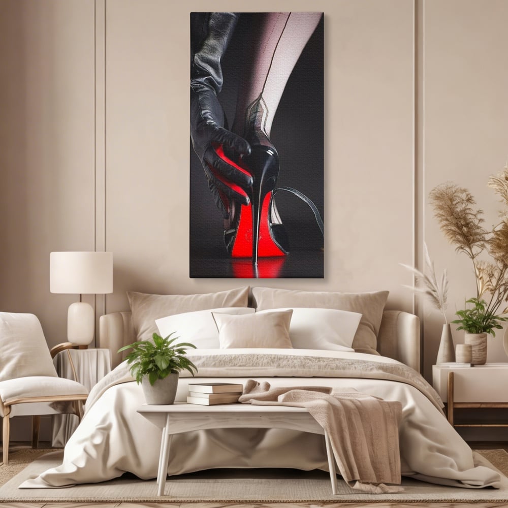 Tablou canvas cu tablou canvas cu pantof rosu si picior, fara rama, pe sasiu de lemn, pe perete intr-un dormitor