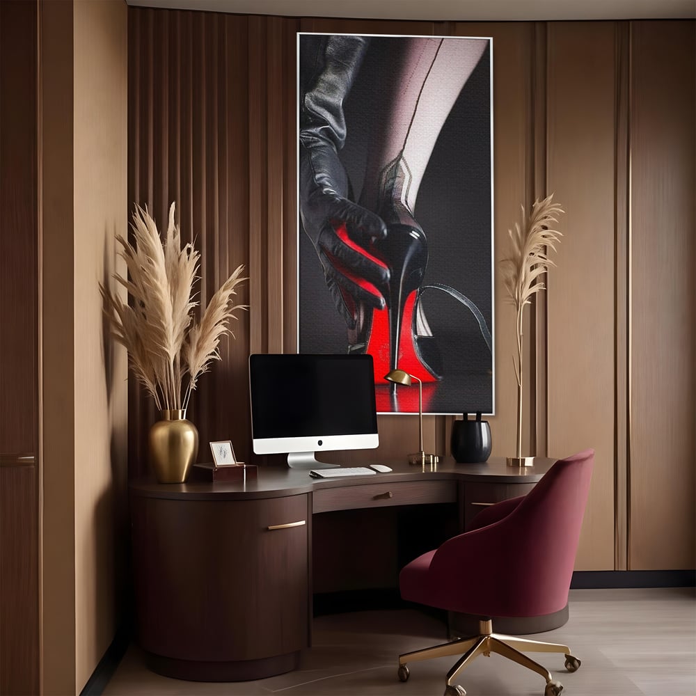 Tablou canvas cu tablou canvas cu pantof rosu si picior, in rama de aluminiu argintiu, pe perete intr-un birou