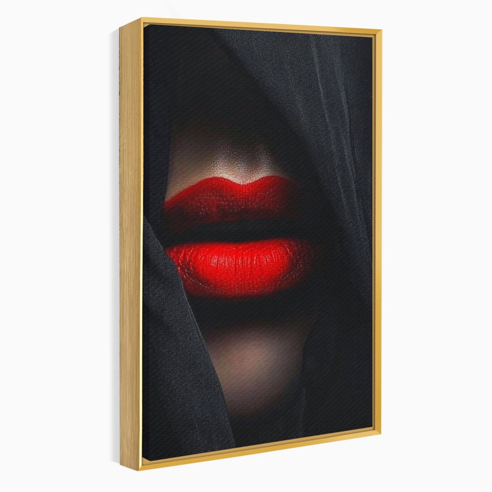 Tablou canvas cu buze rosii acoperite cu un voal negru, in rama de aluminiu auriu