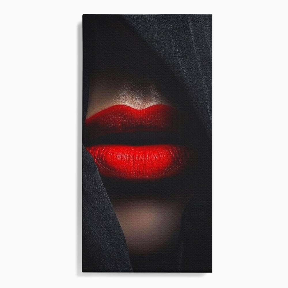Tablou canvas cu buze rosii acoperite cu un voal negru, fara rama, pe sasiu de lemn