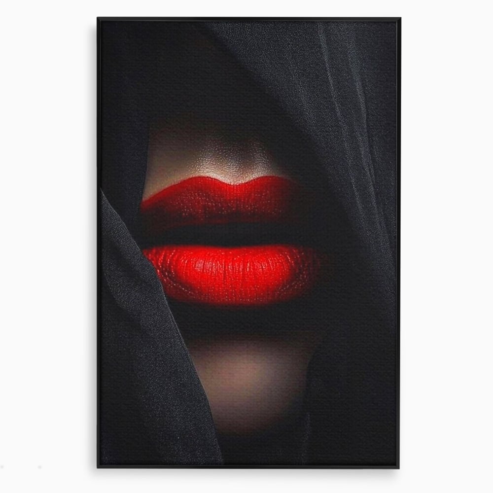 Tablou canvas cu buze rosii acoperite cu un voal negru, in rama de aluminiu negru