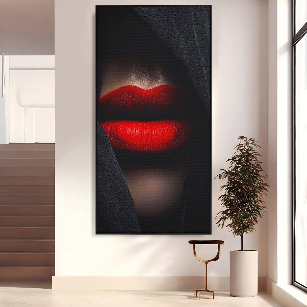 Tablou canvas cu buze rosii acoperite cu un voal negru, in rama de aluminiu negru