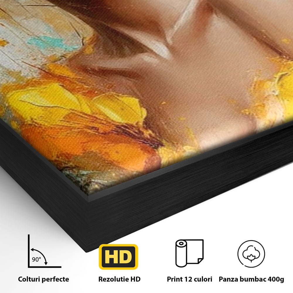 Detaliu al suprafetei: pictura portret femeie cu flori galbene, in rama de aluminiu negru