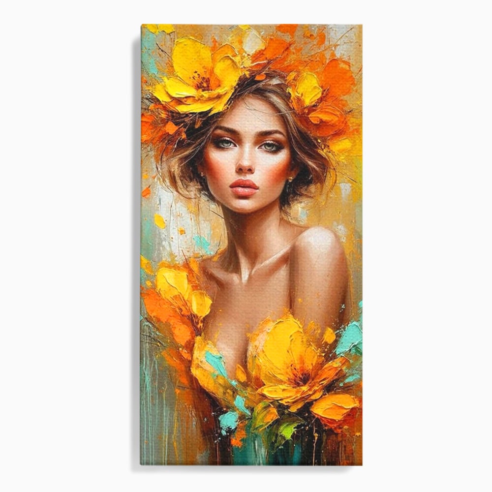 Tablou canvas cu pictura portret femeie cu flori galbene, fara rama, pe sasiu de lemn