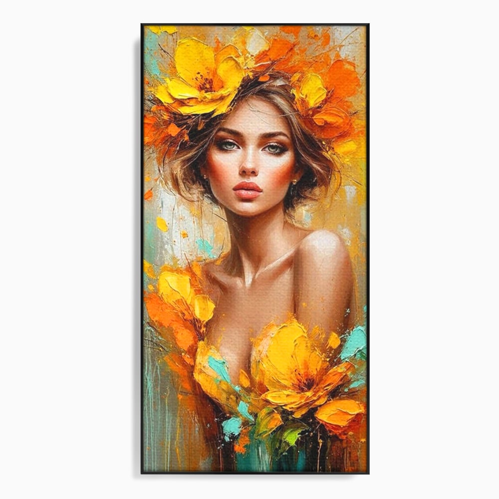 Tablou canvas cu pictura portret femeie cu flori galbene, in rama de aluminiu negru