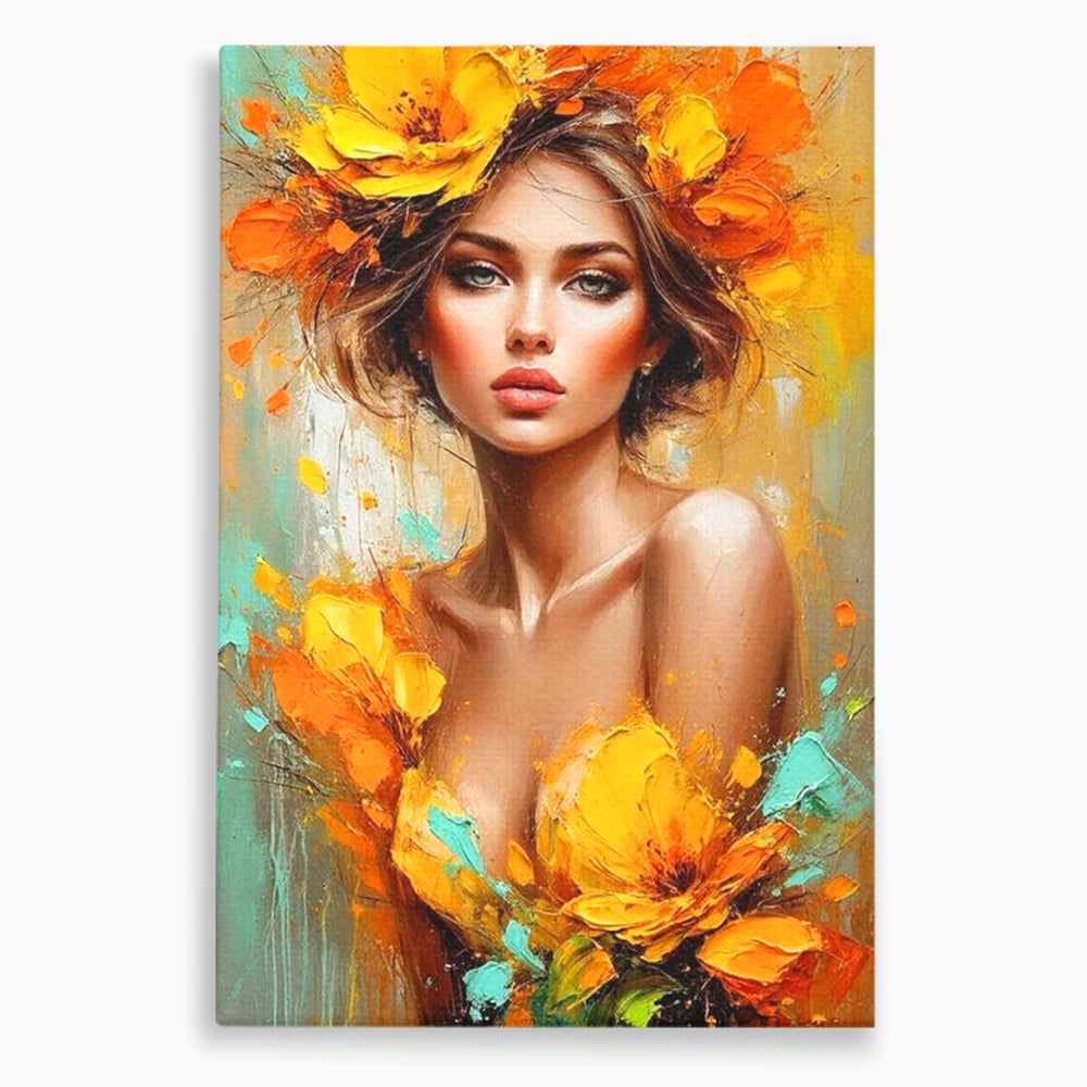 Tablou canvas cu pictura portret femeie cu flori galbene, fara rama, pe sasiu de lemn