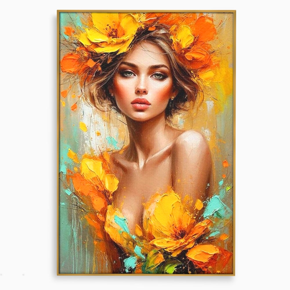 Tablou canvas cu pictura portret femeie cu flori galbene, in rama de aluminiu auriu