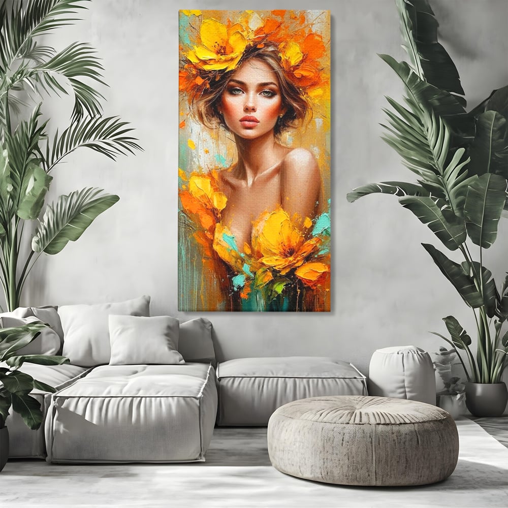 Tablou canvas cu pictura portret femeie cu flori galbene, fara rama, pe sasiu de lemn, pe perete intr-un living