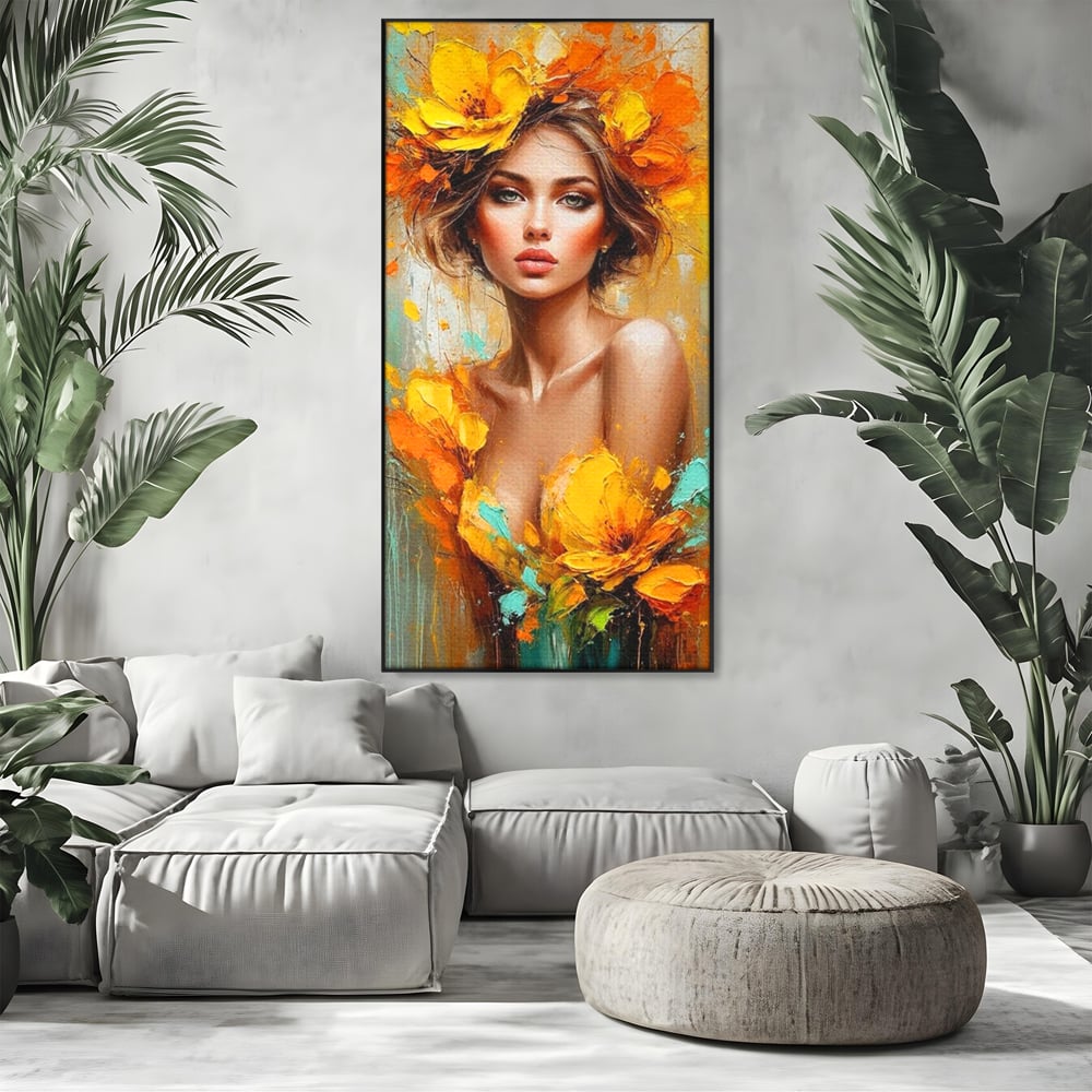 Tablou canvas cu pictura portret femeie cu flori galbene, in rama de aluminiu negru, pe perete intr-un living