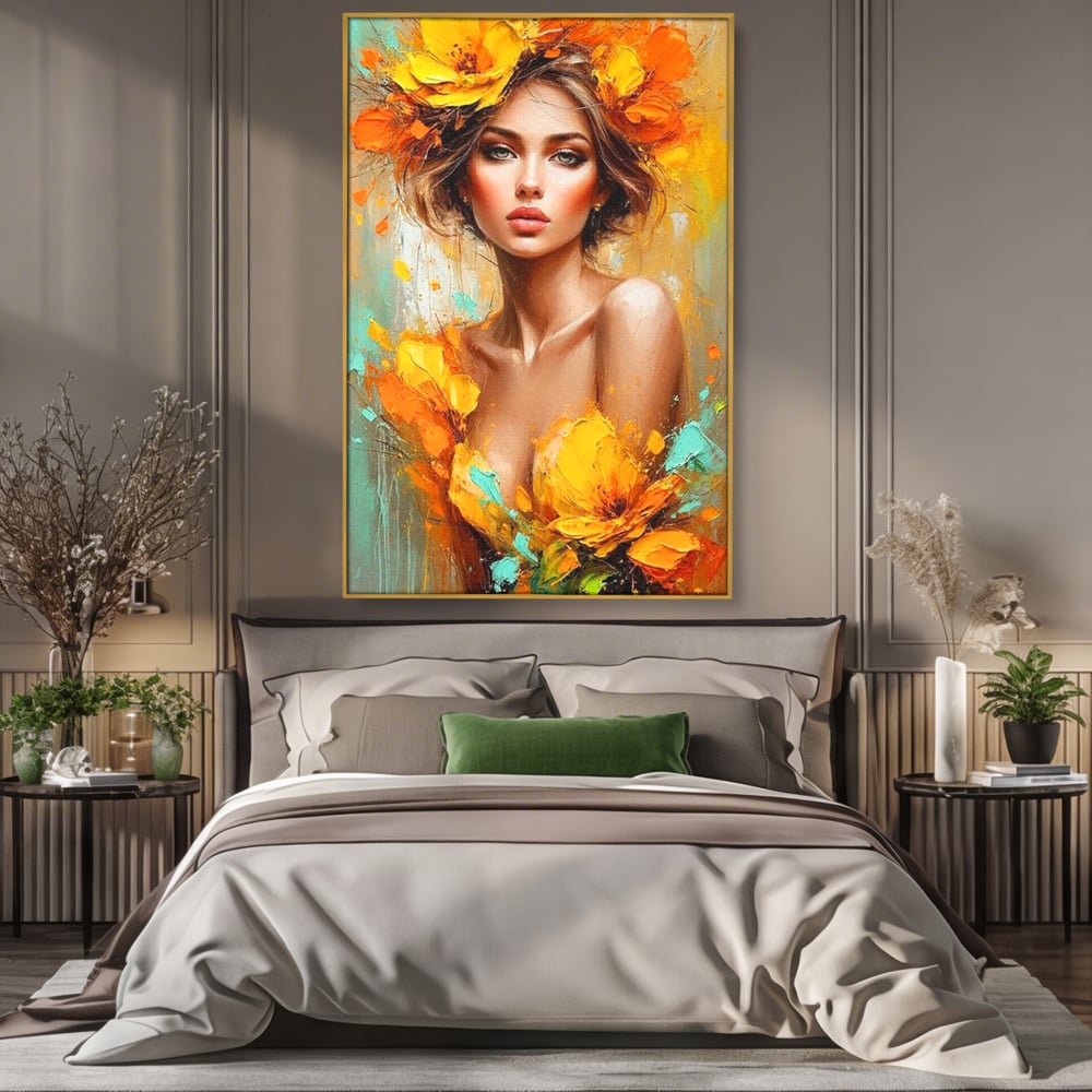 Tablou canvas cu pictura portret femeie cu flori galbene, in rama de aluminiu auriu, pe perete intr-un dormitor