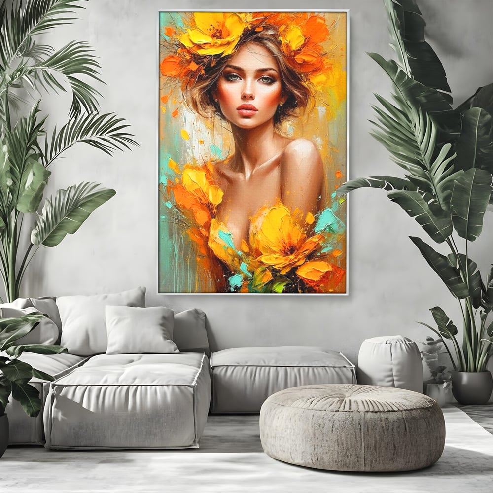 Tablou canvas cu pictura portret femeie cu flori galbene, in rama de aluminiu argintiu, pe perete intr-un living
