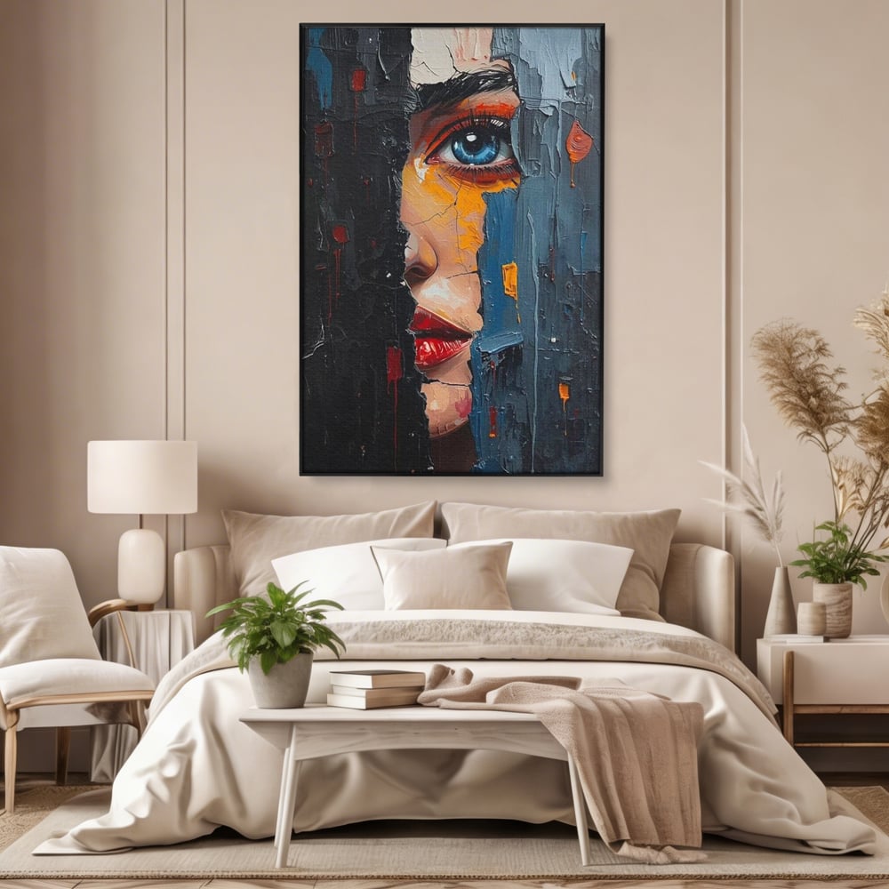 Tablou canvas cu tablou canvas cu portretul unei femei, in rama de aluminiu negru, pe perete intr-un dormitor