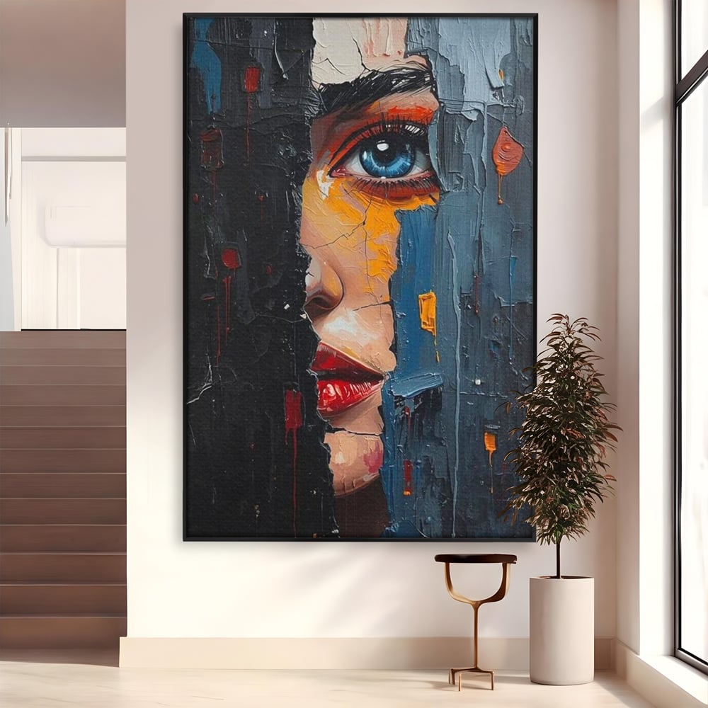 Tablou canvas cu tablou canvas cu portretul unei femei, in rama de aluminiu negru