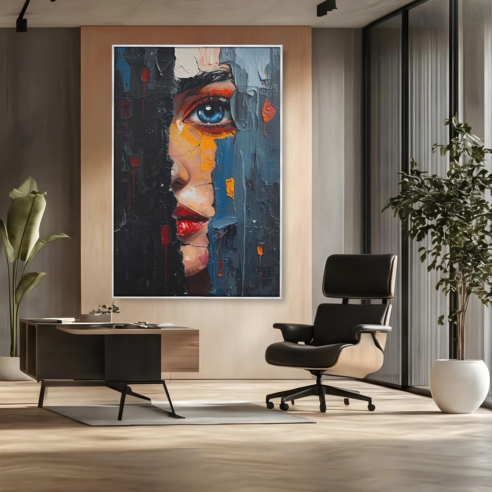 Tablou canvas cu tablou canvas cu portretul unei femei, in rama de aluminiu argintiu, pe perete intr-un birou