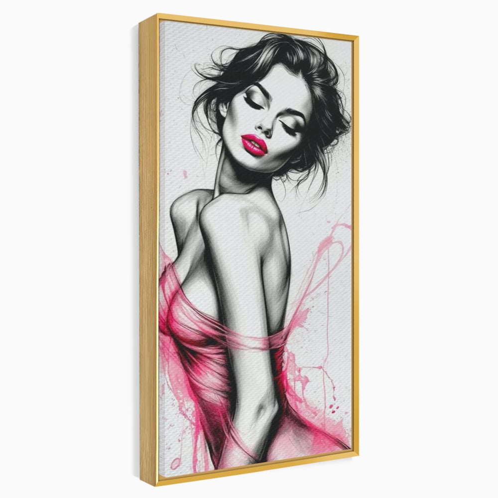 Tablou canvas cu portret schitat de femeie cu buze roz, in rama de aluminiu auriu