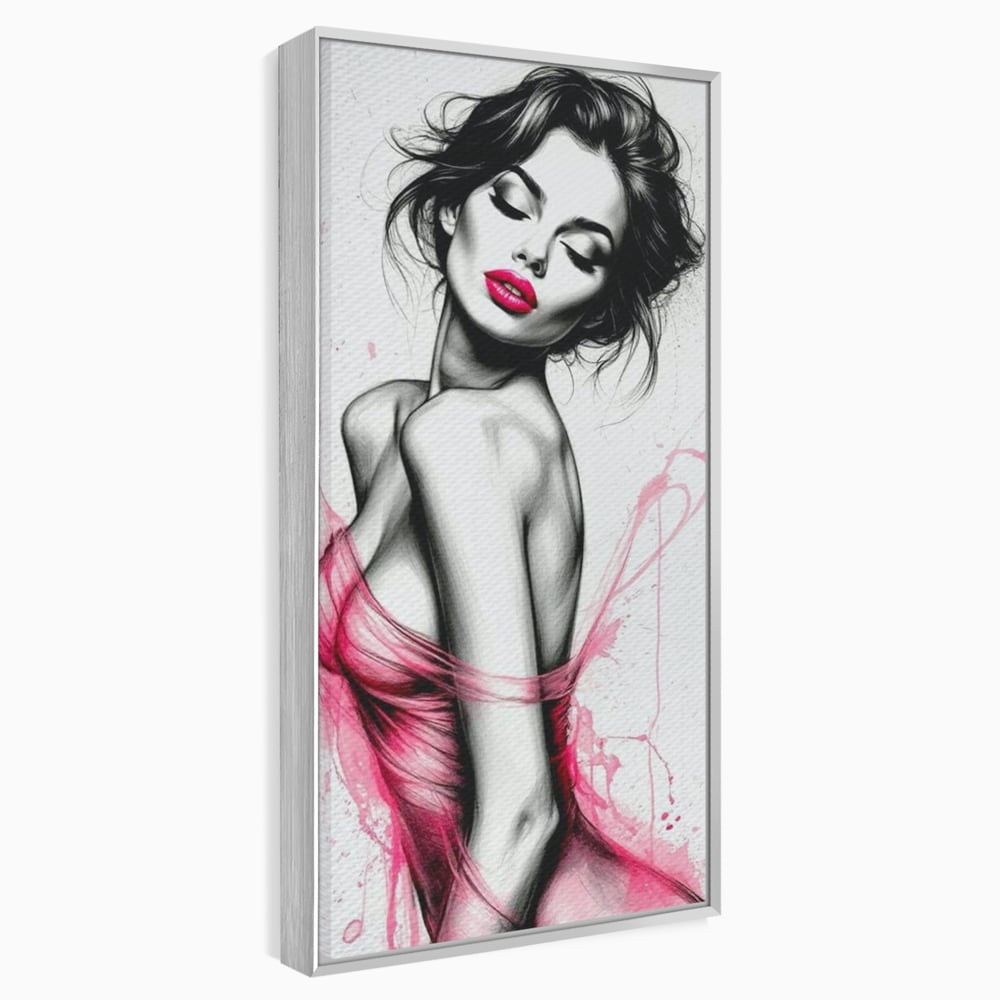 Tablou canvas cu portret schitat de femeie cu buze roz, in rama de aluminiu argintiu