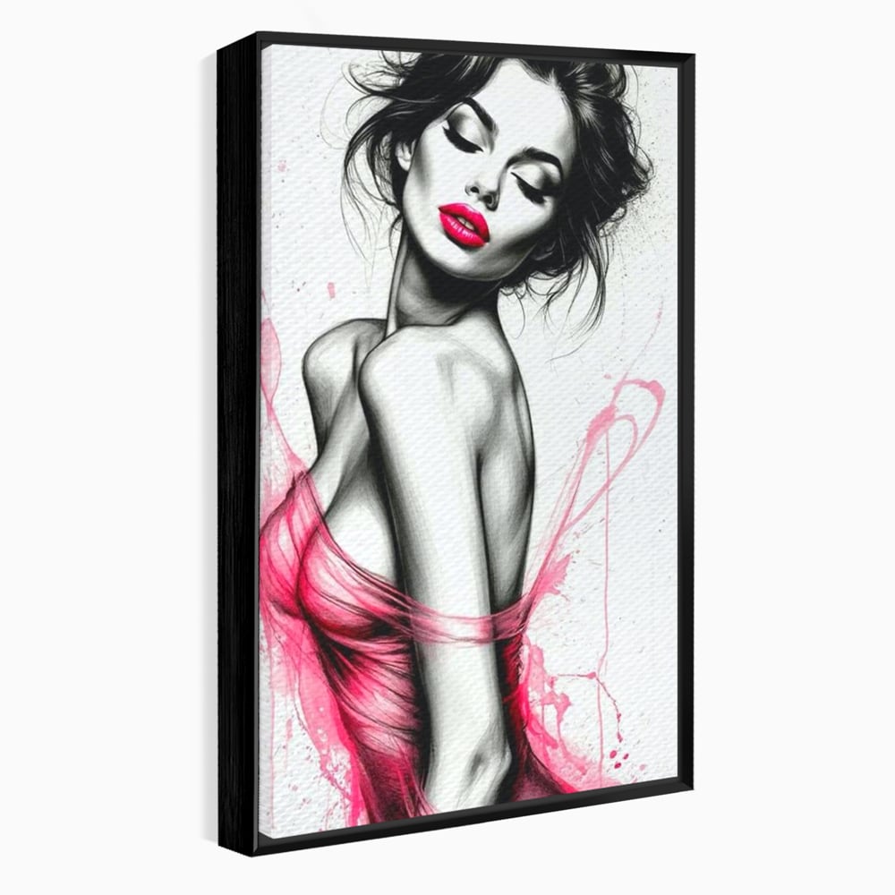 Tablou canvas cu portret schitat de femeie cu buze roz, in rama de aluminiu negru