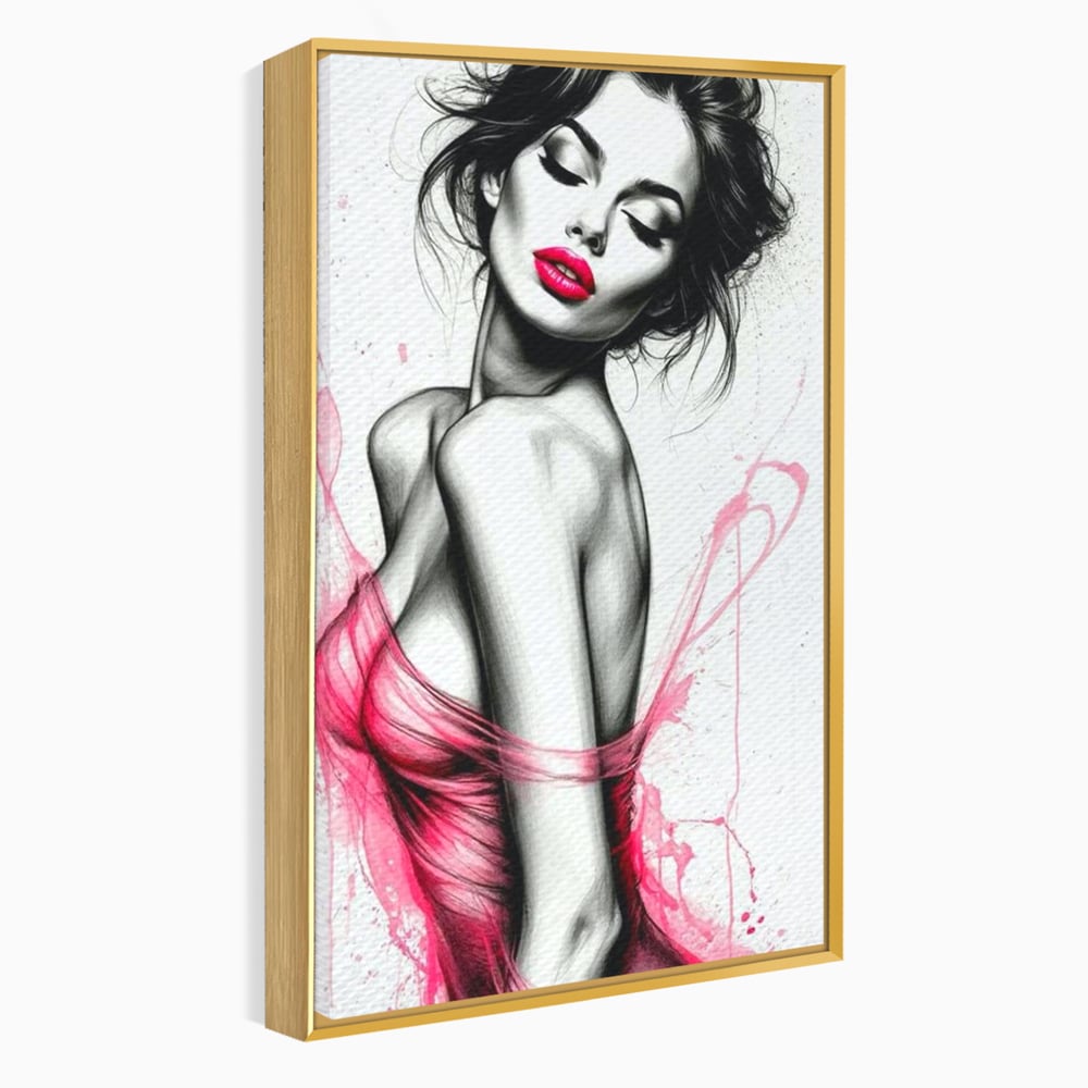 Tablou canvas cu portret schitat de femeie cu buze roz, in rama de aluminiu auriu