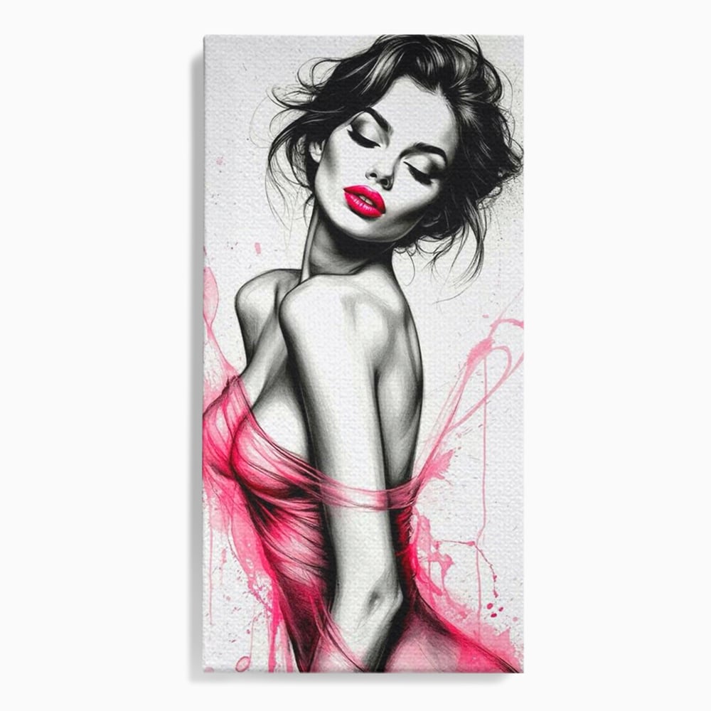 Tablou canvas cu portret schitat de femeie cu buze roz, fara rama, pe sasiu de lemn