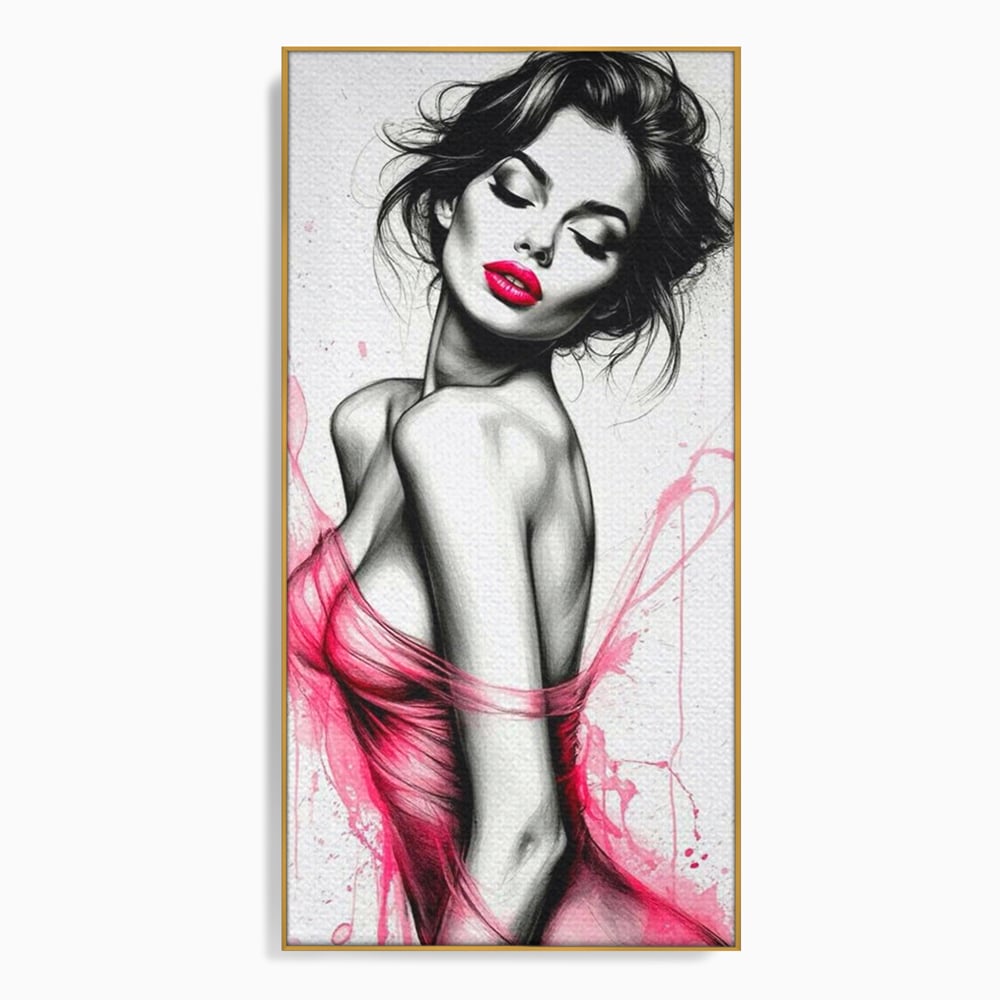 Tablou canvas cu portret schitat de femeie cu buze roz, in rama de aluminiu auriu